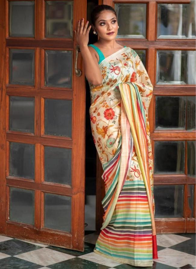 Plain Linen Beige Casual Wear Digital Printed Saree
